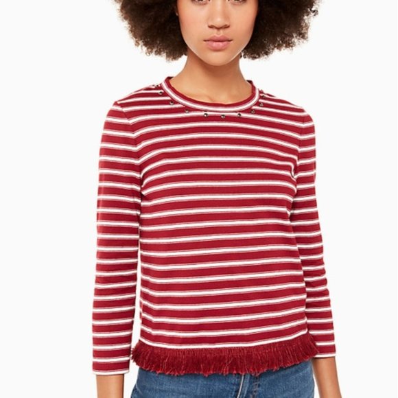NWT Kate Spade Red White Stripe Fringe Knit Top - Picture 1 of 14
